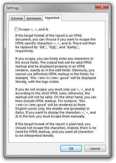 Screenshot of Rejbrand BookBase hypertext options