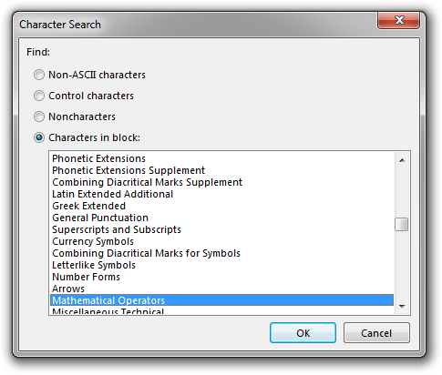 Screenshot of Rejbrand Text Editor: Character Search dialog box