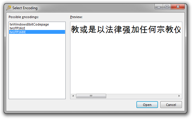 Screenshot of Rejbrand Text Editor: Encoding selection dialog box