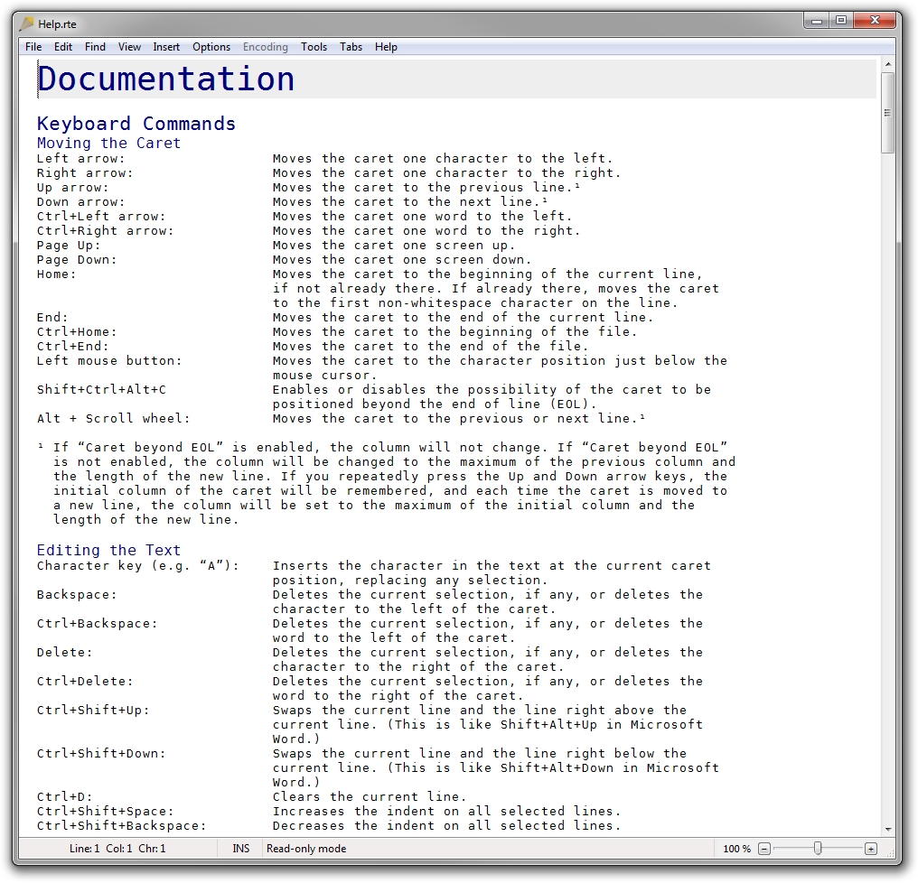 Screenshot of Rejbrand Text Editor: On-line (F1) documentation