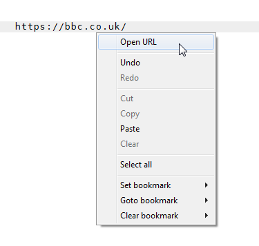 Screenshot of Rejbrand Text Editor: Contextual popup menu showing 'Open URL' menu item