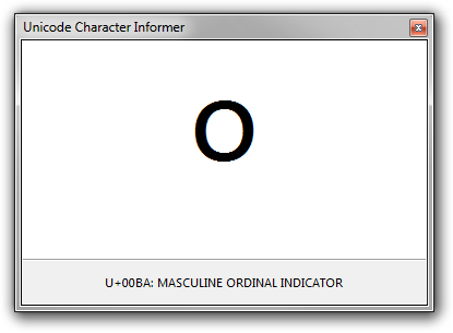 Screenshot of the Unicode Character Info utility displaying U+00BA