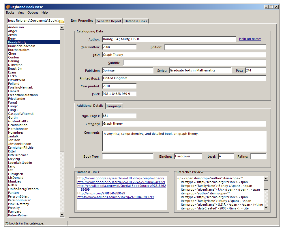 Screenshot of the main view of Rejbrand BookBase (Windows 7 classic theme)