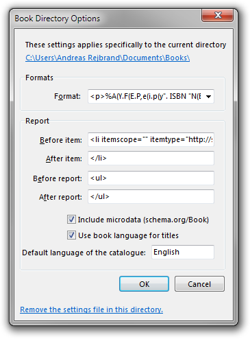 Screenshot of directory-specific settings dialog box in Rejbrand BookBase
