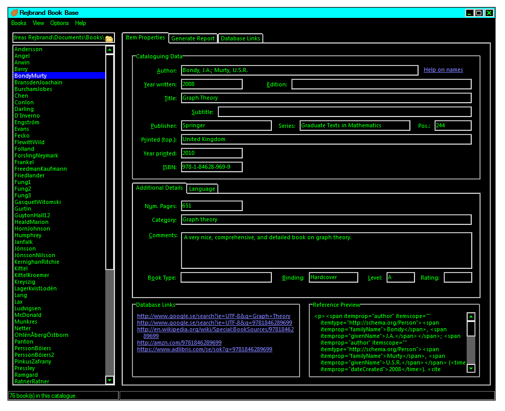 Screenshot of the main view of Rejbrand BookBase (Windows 7 high contrast theme)