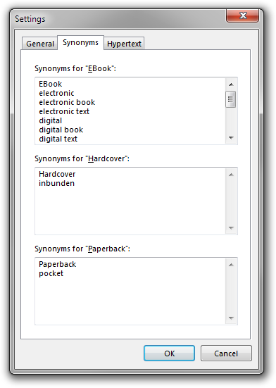 Screenshot of the "Synonyms" tab in the Settings dialog box.