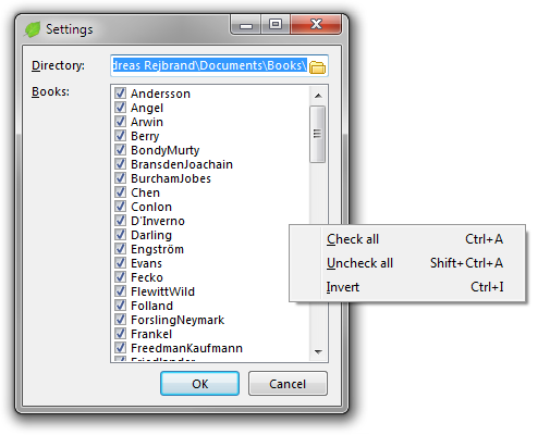 Screenshot of the Settings dialog box of Rejbrand BookPointer