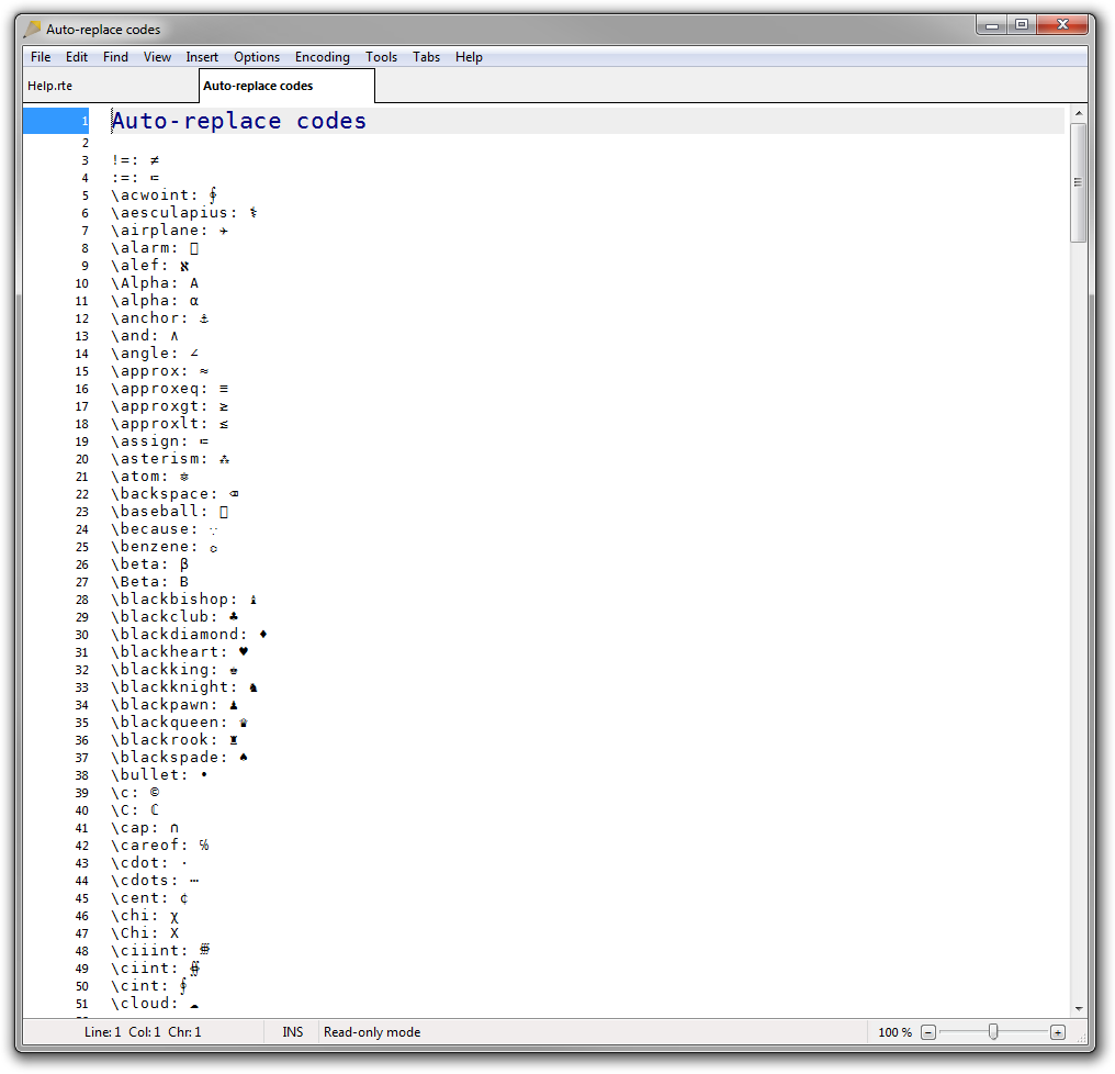 Screenshot of Rejbrand Text Editor: Displaying the installed auto-replace list (Shift+F1)