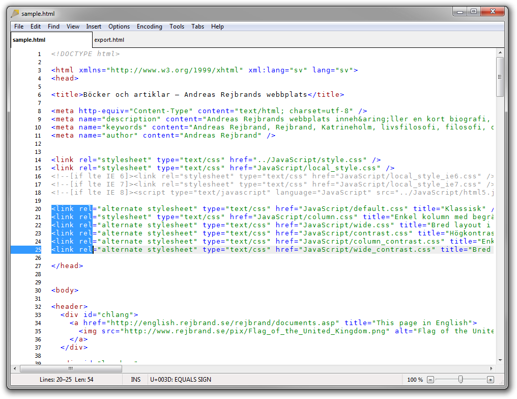 Screenshot of Rejbrand Text Editor, displaying a block selection
