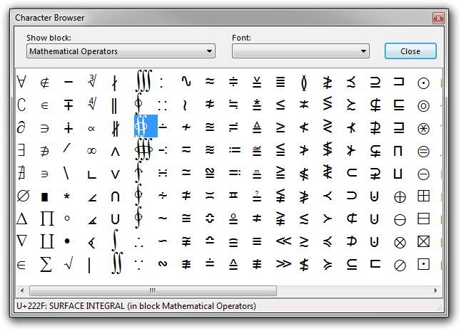 Screenshot of Rejbrand Text Editor: Character Browser displaying a Unicode BMP block
