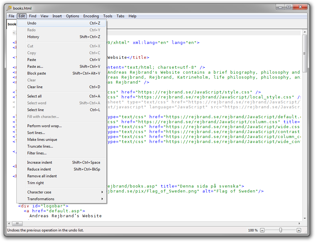 Screenshot of Rejbrand Text Editor: Edit menu
