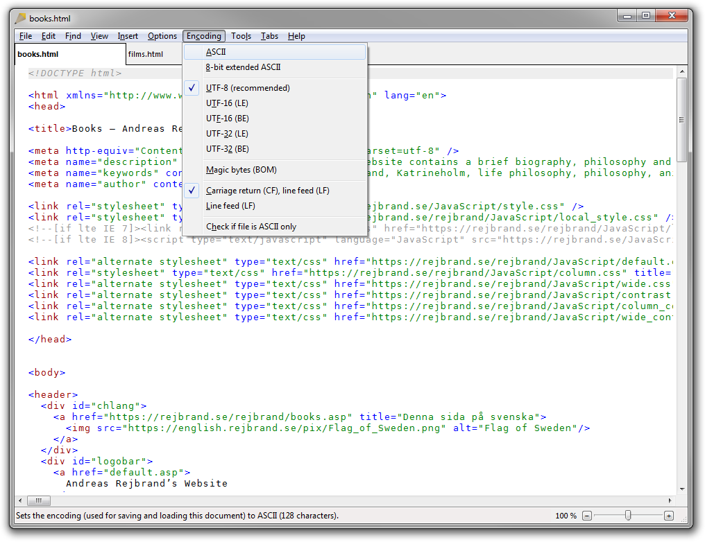 Screenshot of Rejbrand Text Editor: Encoding menu