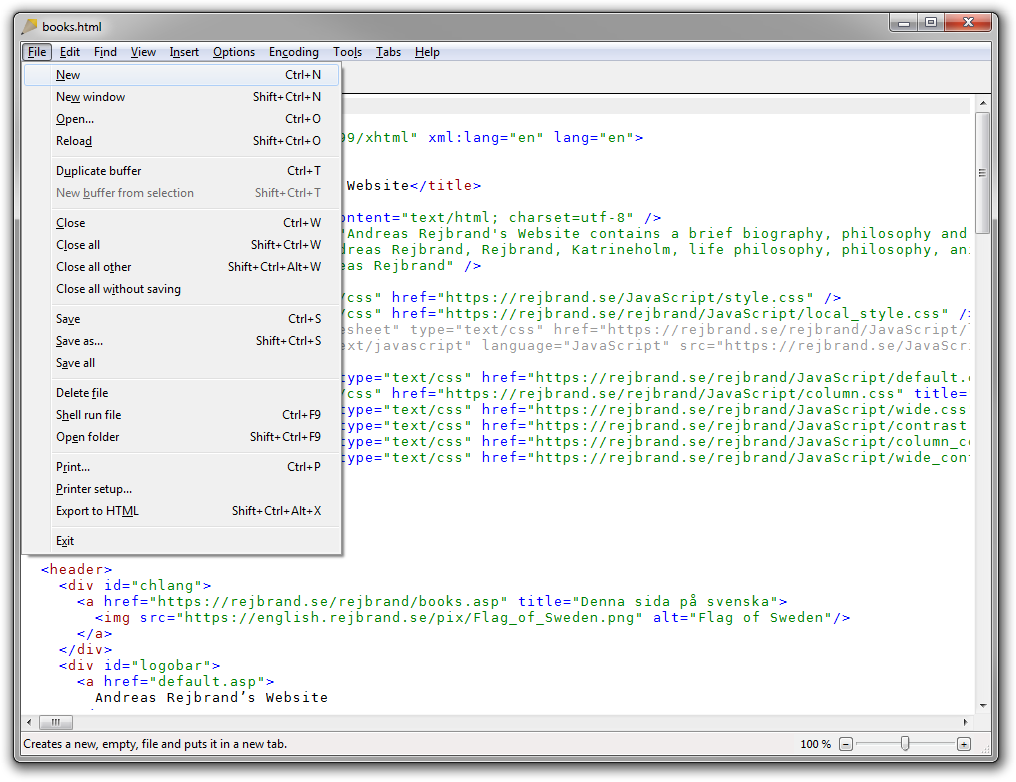 Screenshot of Rejbrand Text Editor: File menu
