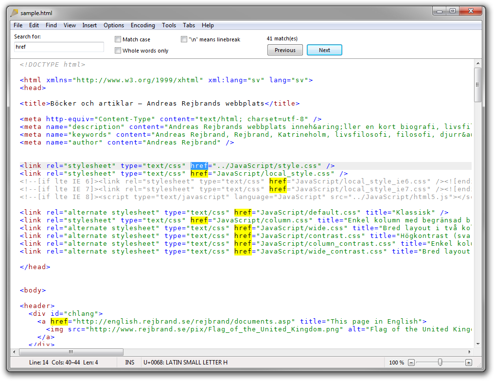 Screenshot of Rejbrand Text Editor searching for a phrase in a document