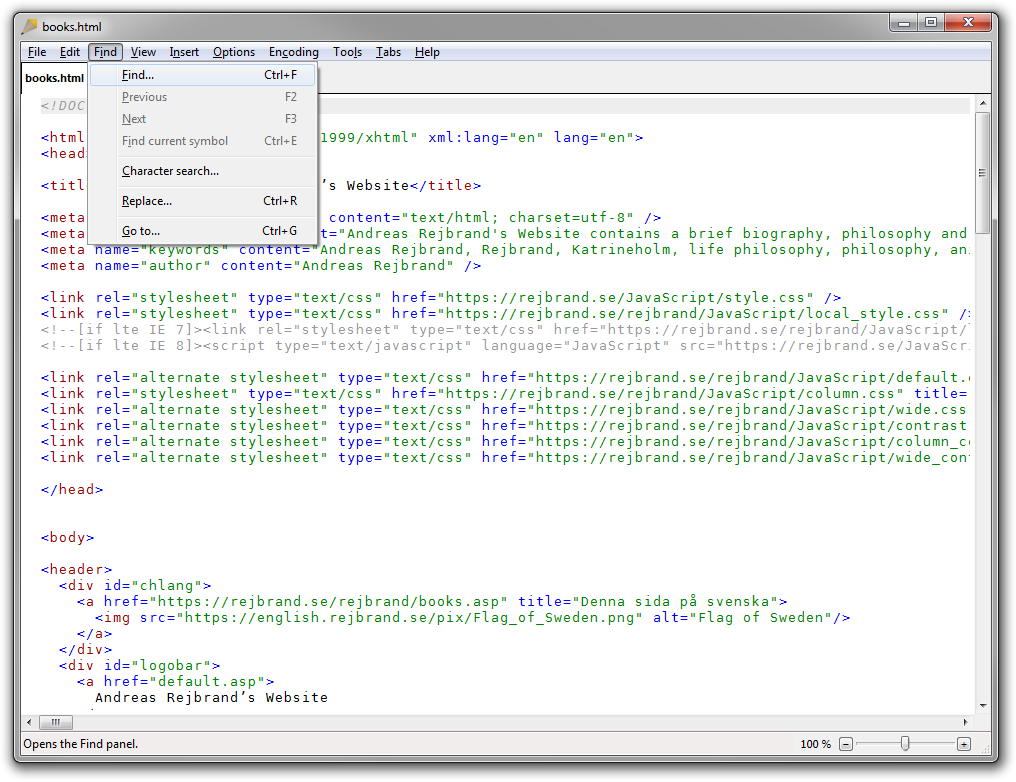 Screenshot of Rejbrand Text Editor: Find menu