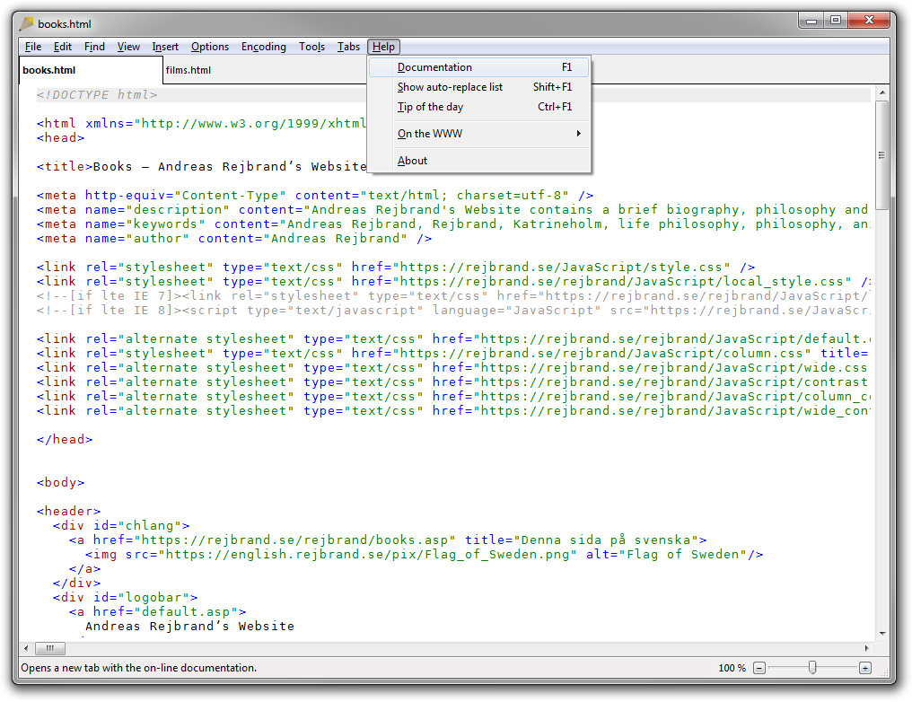 Screenshot of Rejbrand Text Editor: Help menu