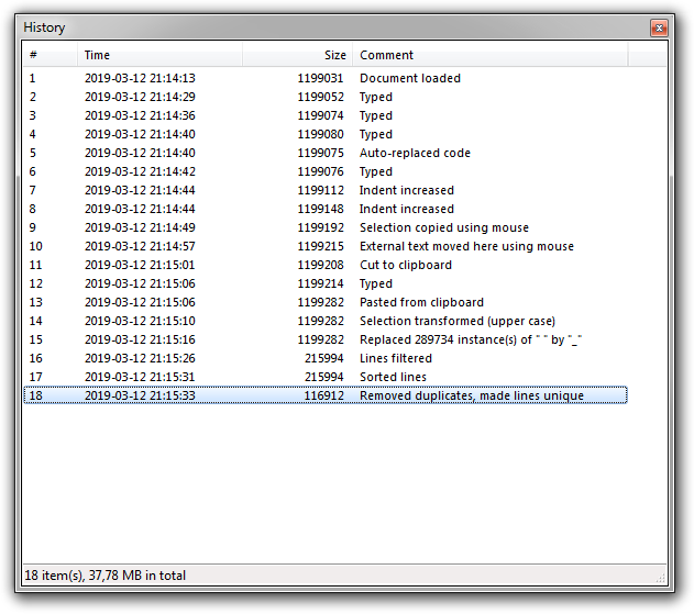 Screenshot of Rejbrand Text Editor: History dialog box