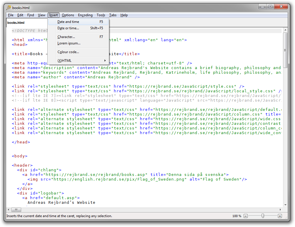 Screenshot of Rejbrand Text Editor: Insert menu