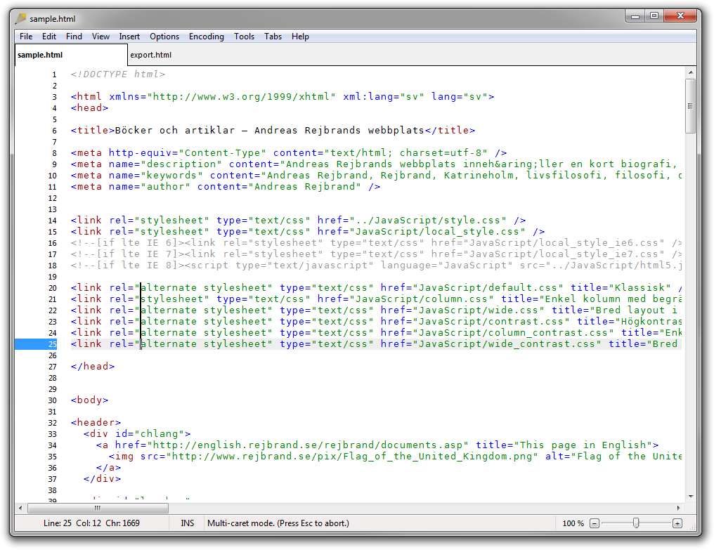 Screenshot of Rejbrand Text Editor, in multi-caret mode