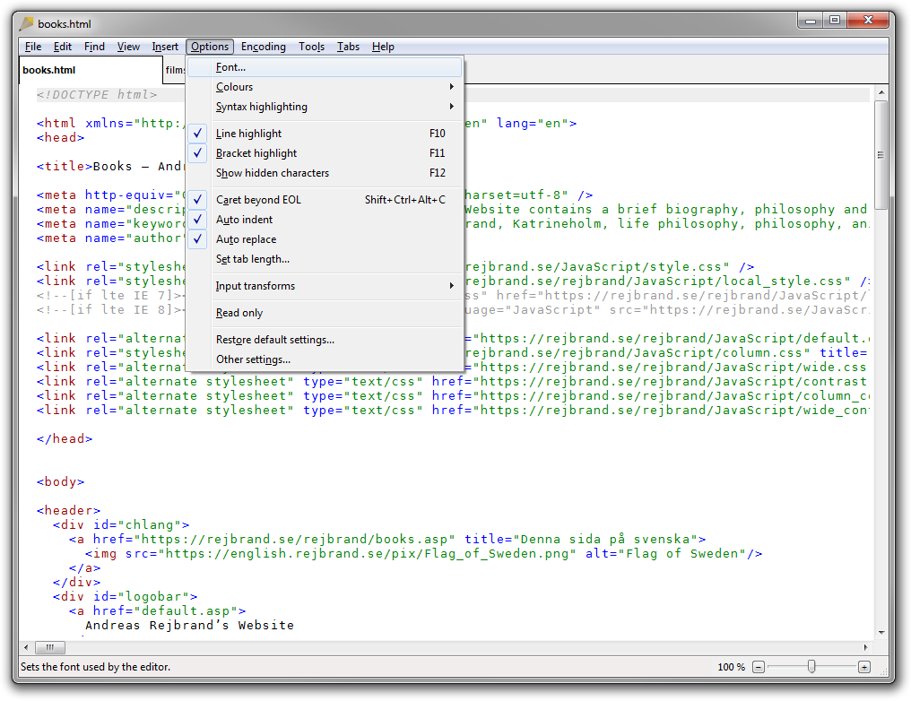 Screenshot of Rejbrand Text Editor: Options menu