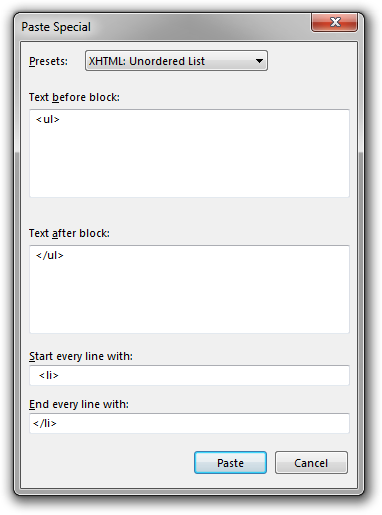 Screenshot of Rejbrand Text Editor: Paste As dialog box