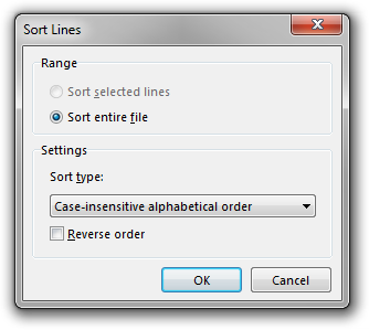Screenshot of Rejbrand Text Editor: Sort Lines dialog box