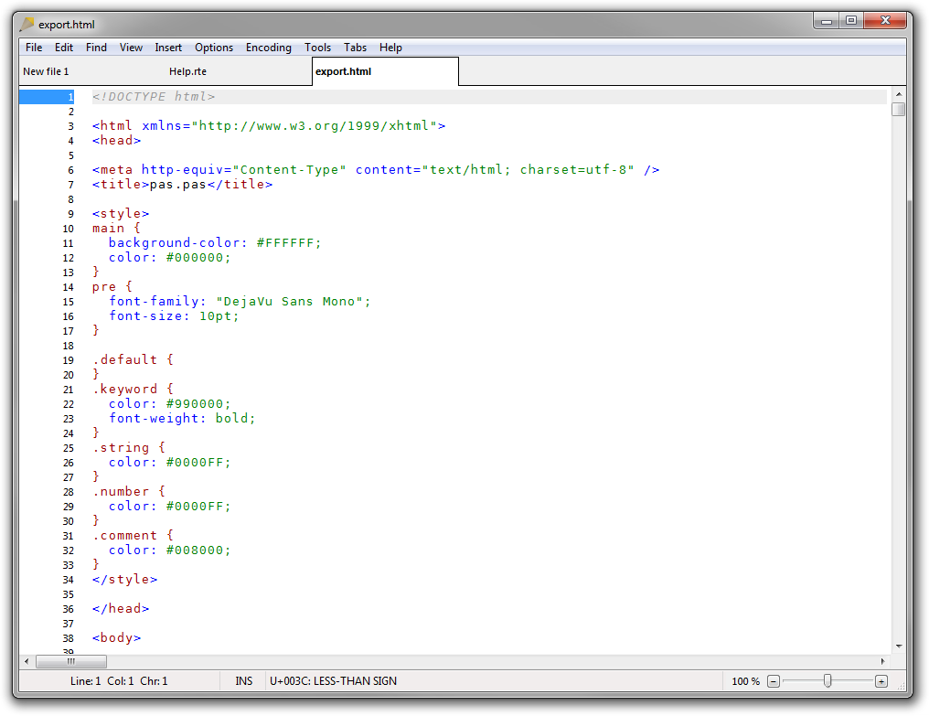 Screenshot of Rejbrand Text Editor displaying the new HTML + CSS formatting processor (syntax highlighter)