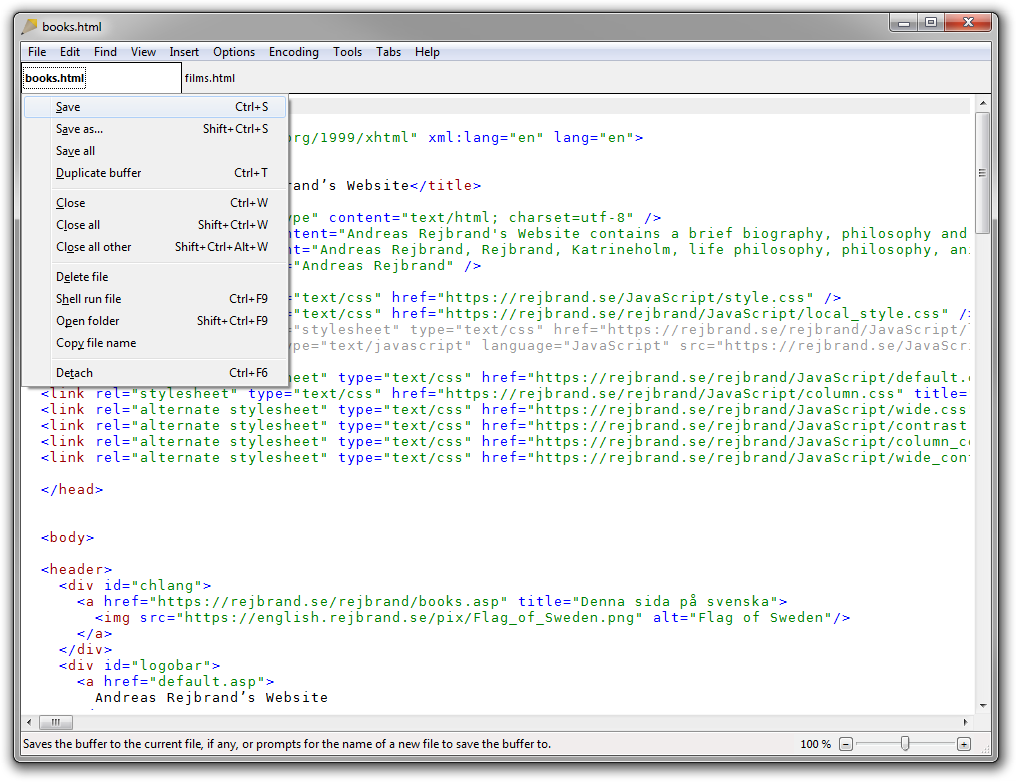 Screenshot of Rejbrand Text Editor: Tab context menu