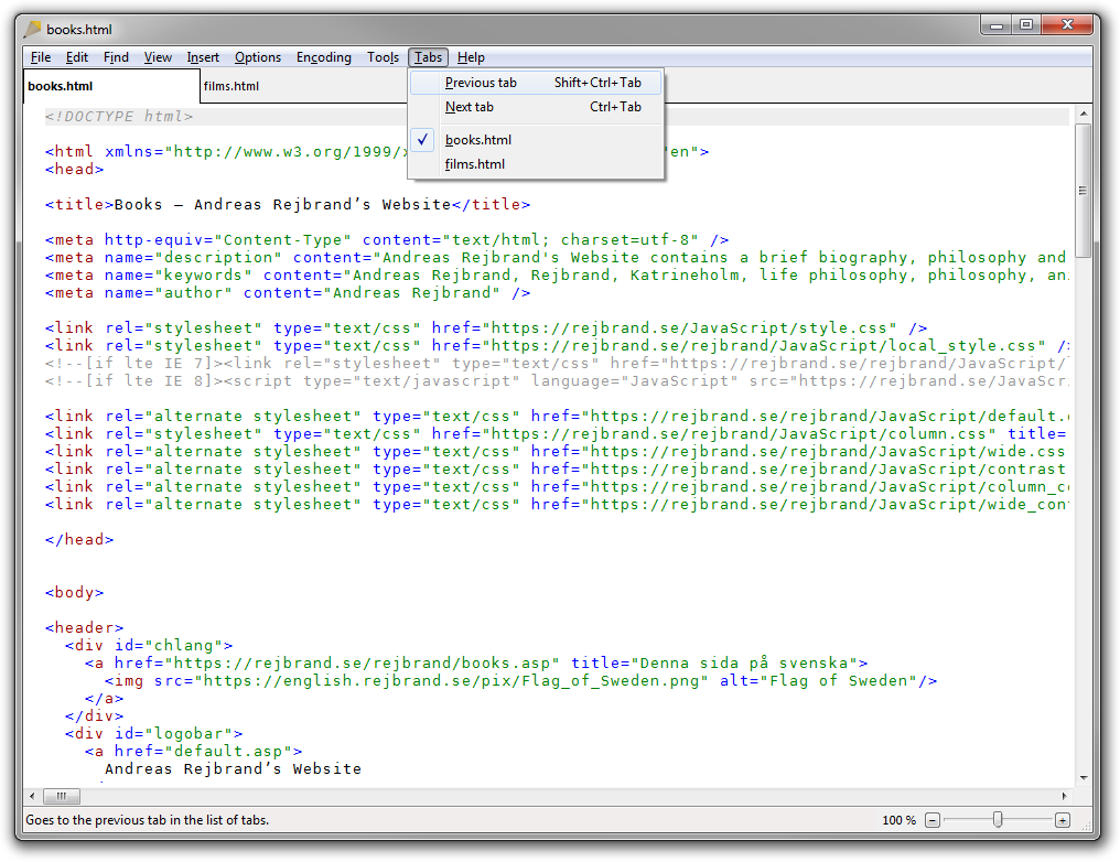 Screenshot of Rejbrand Text Editor: Tabs menu