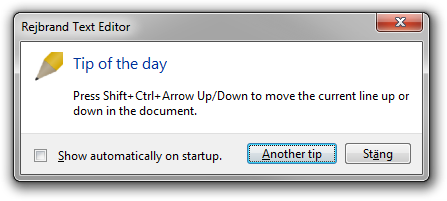 Screenshot of Rejbrand Text Editor: Displaying the Tip of the Day dialog box