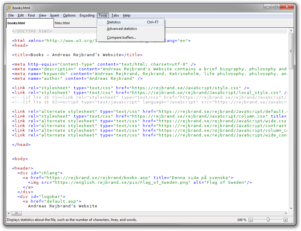 Screenshot of Rejbrand Text Editor: Tools menu