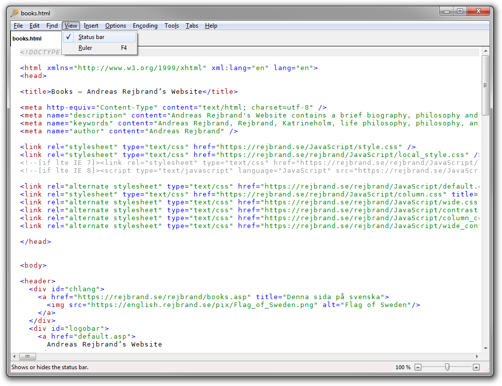 Screenshot of Rejbrand Text Editor: View menu