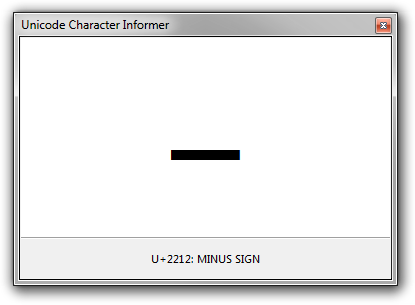 Screenshot of the Unicode Character Info utility displaying U+2212