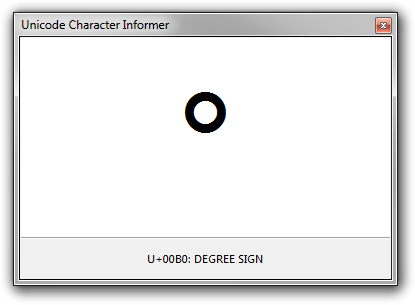 Screenshot of the Unicode Character Info utility displaying U+00B0