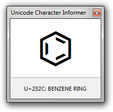 Screenshot of the Unicode Character Info utility displaying U+232C in a resized window