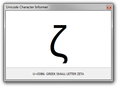 Screenshot of the Unicode Character Info utility displaying U+03B6