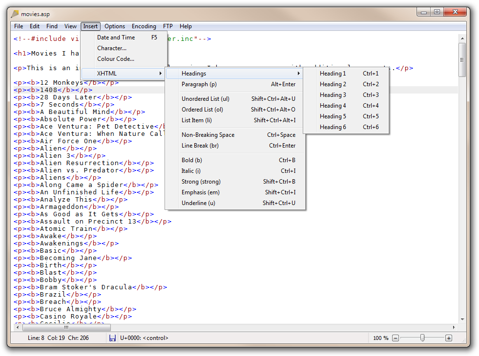 Main Window with XHTML menu open